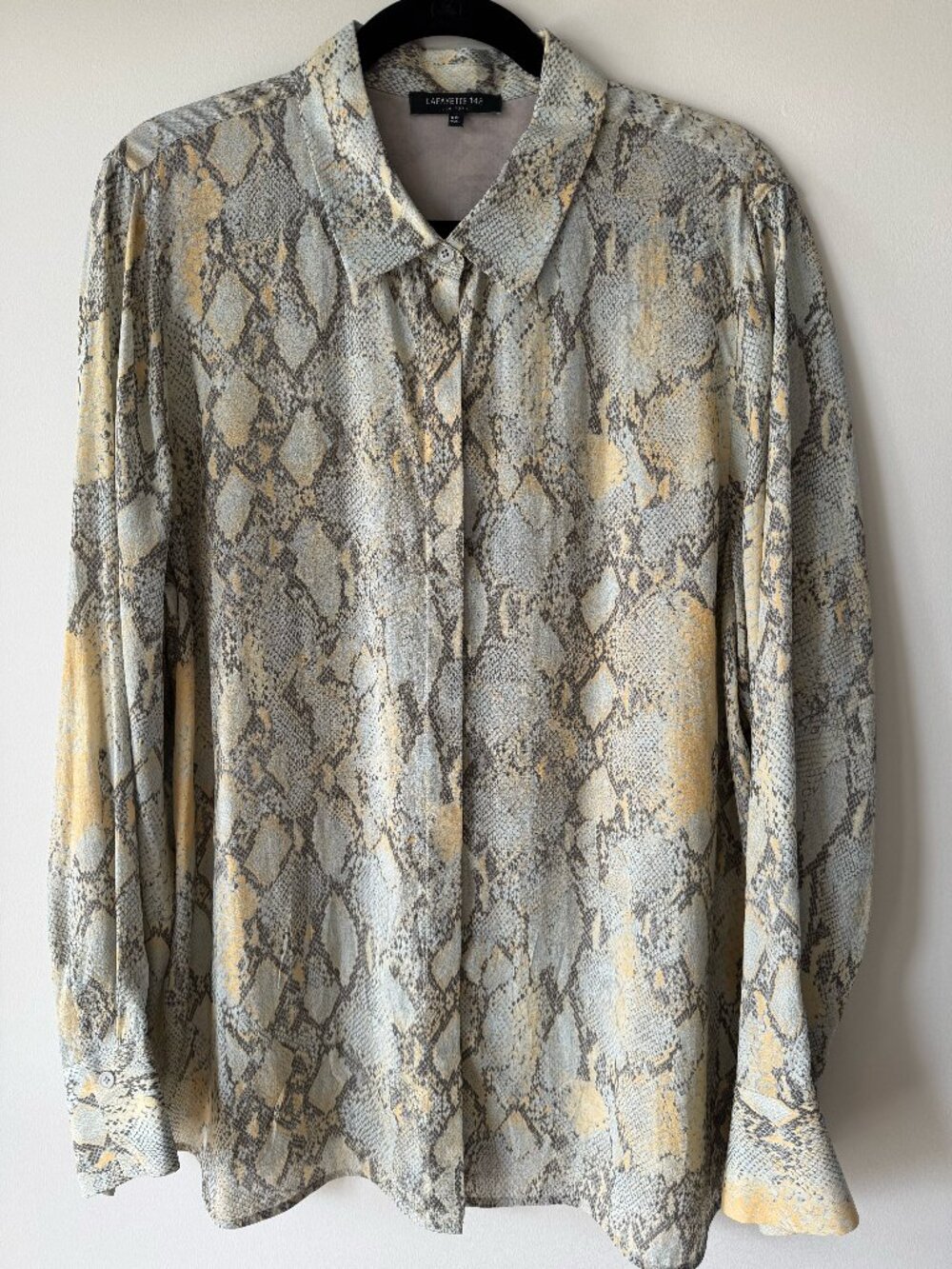 Lafayette 148 New York Snake-Print Button-Down Blouse in Yellow and Gray